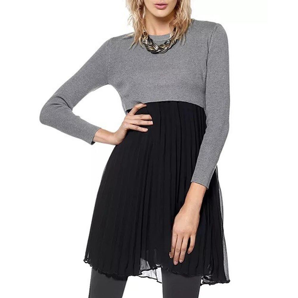 Gracia Sweater Chiffon Contrast Shift Dress Pleated Grey Black Long Slv Sz M